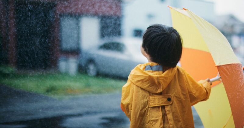 小さな子供が傘をさして空を見上げる