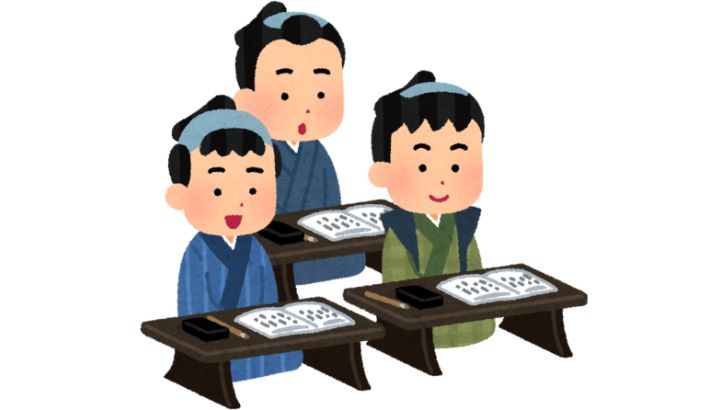 寺子屋で学ぶ3人の子供たち
