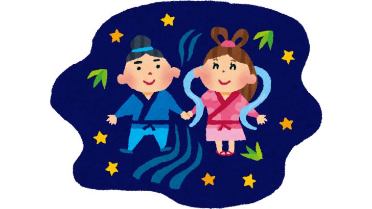 天の川を挟んで手をつなぐ牽牛と織女