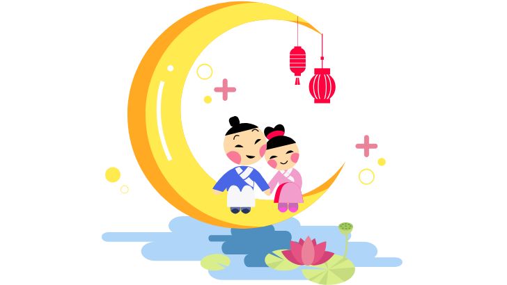 三日月に腰かけ手をつないでいる牽牛と織女