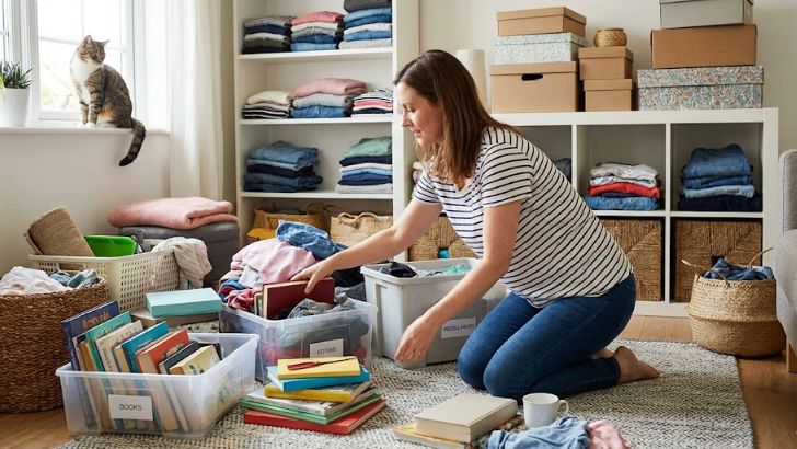 部屋を整理整頓している女性