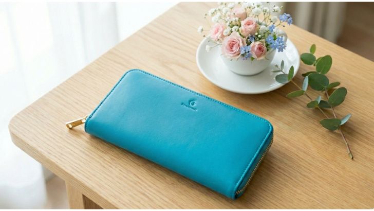 テーブルの上に置かれたターコイズ色の長財布と小さなブーケ