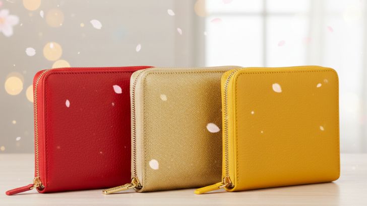 ３つの長財布。赤、ゴールド、黄色。