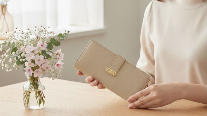 テーブルの上のお花の側で長財布を持つ女性