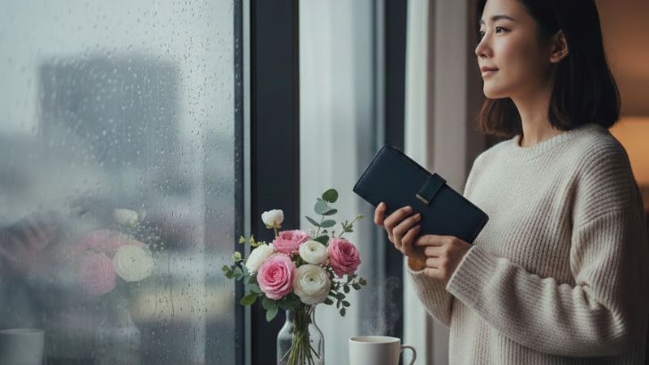 窓際に黒い長財布を持って立つ女性。外は雨。