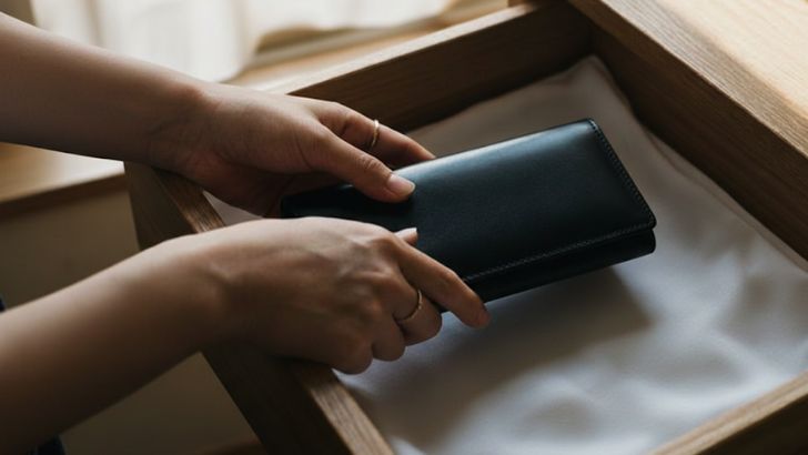 薄暗い部屋で黒い長財布を引き出しにいれる女性