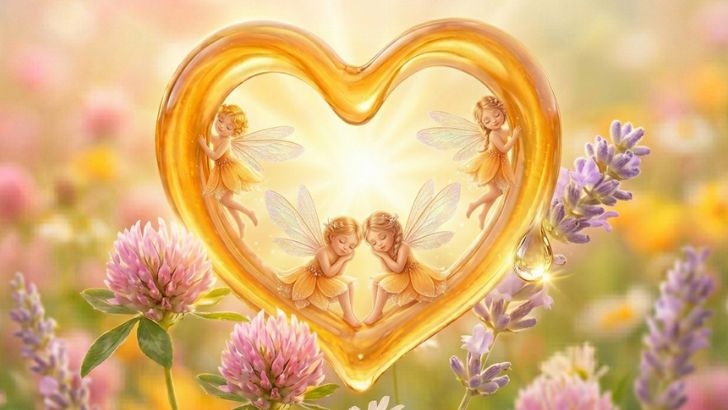 お花畑にハートのはちみつと妖精さん4人が眠っている