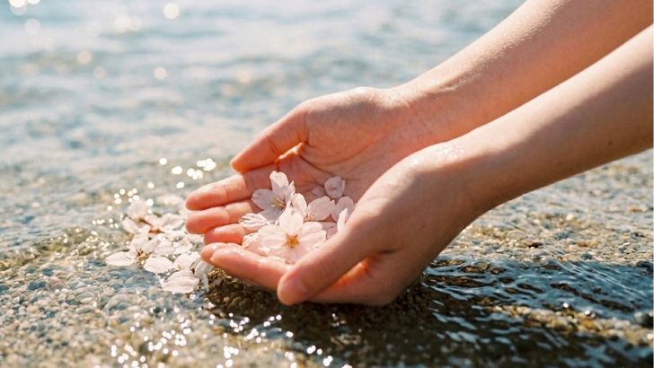 水に浸した手と桜の花