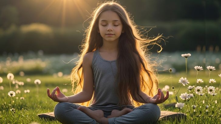草原で太陽の光を浴びて瞑想する女の子