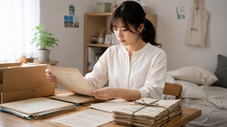 部屋で書類の整理をする女性