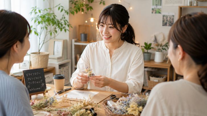 3人の女性が趣味の集まりで楽しんでいる様子